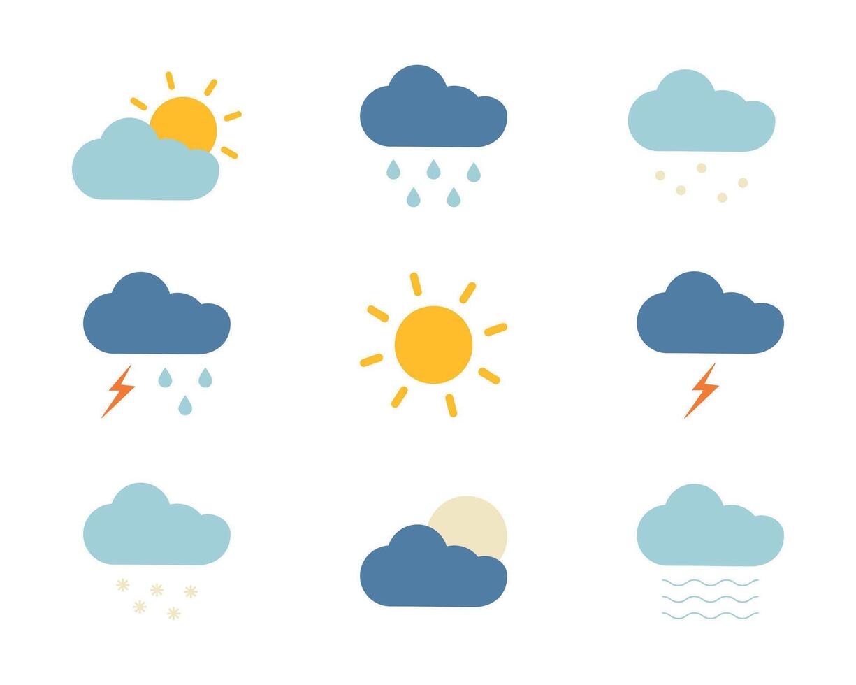 conjunto do colori clima previsão ícones. nuvens e precipitação. chuva, neve e saudação. Sol e lua. raio, trovoada e névoa. caloroso clima. ensolarado e quente clima. ilustração. vetor