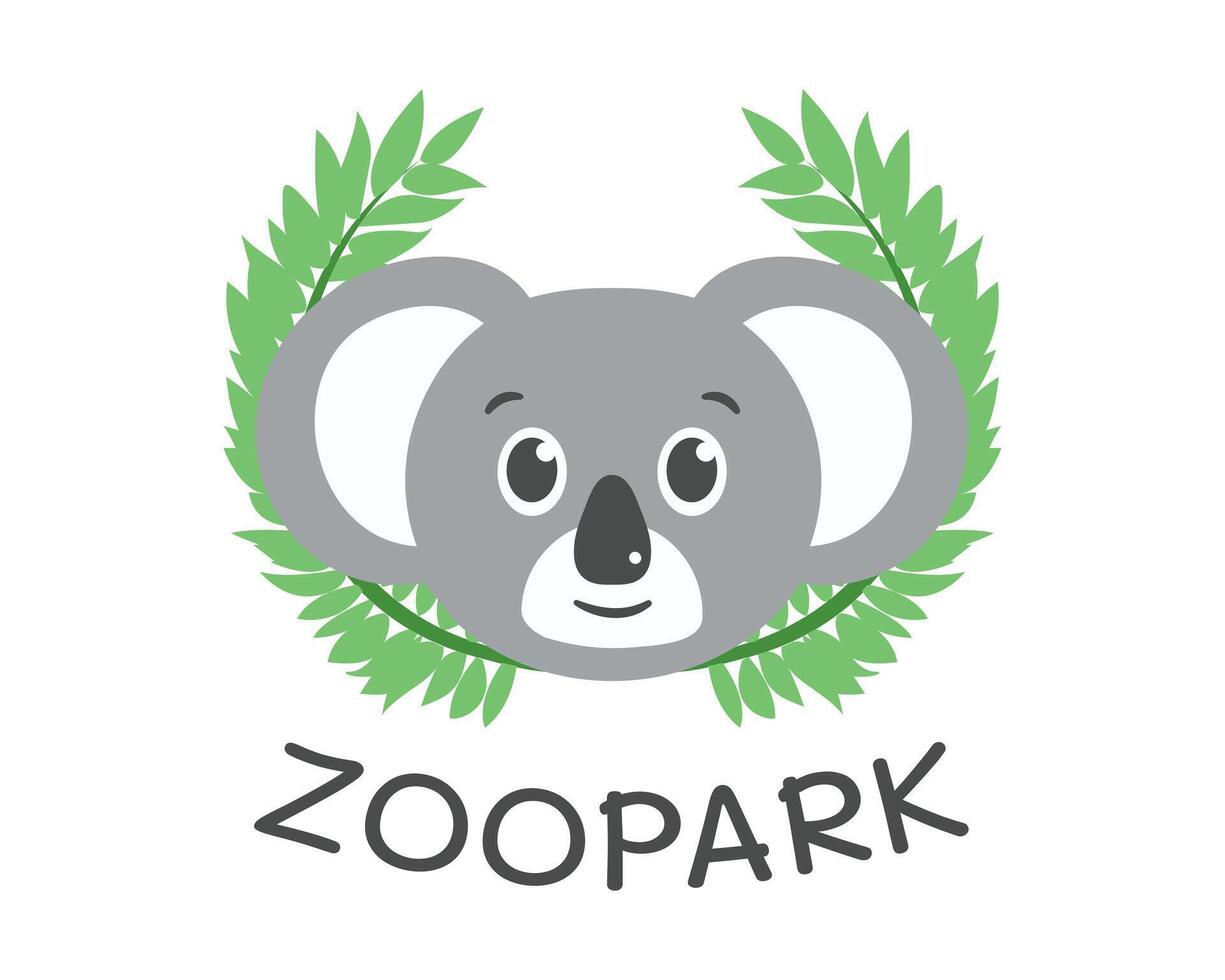 coala dentro eucalipto folhas. jardim zoológico ou natureza reserva logotipo. a cabeça do a australiano Urso dentro a galhos. sorridente focinho do uma fofa animal. isolado. ilustração. vetor