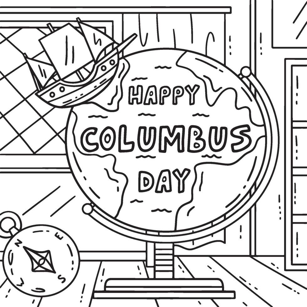 feliz Colombo dia em globo coloração página para crianças vetor