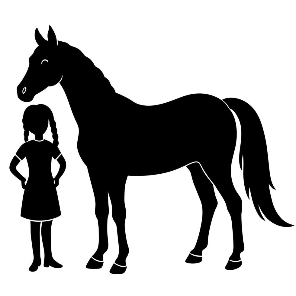 uma criança ficar de pé com uma cavalo plano silhueta vetor