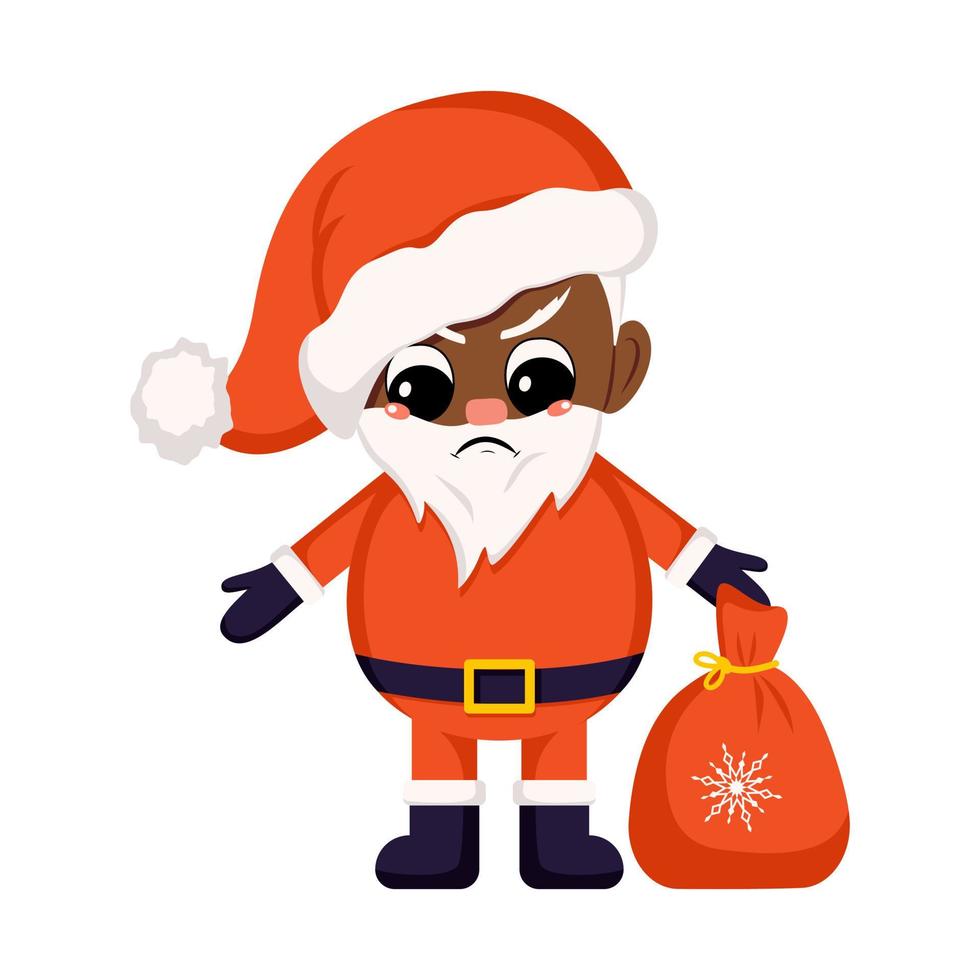 Papai Noel em traje e chapéu com saco de presente. símbolo de ano novo e Natal. personagem fofinho com emoções de raiva, rosto mal-humorado, olhos furiosos vetor