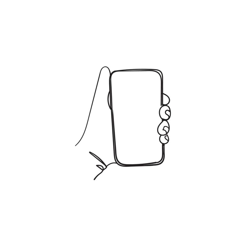 uma mão de desenho de linha segurando um doodle de ilustração de telefone inteligente vetor