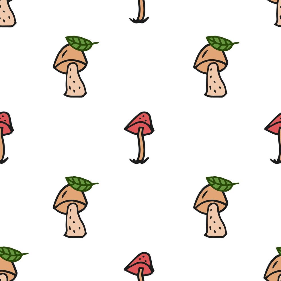 padrão sem emenda. doodle estilo mão desenhada. natureza, animais e elementos. ilustração vetorial. cogumelos bege e agarics de mosca vermelhos com folhas verdes em um fundo branco. vetor