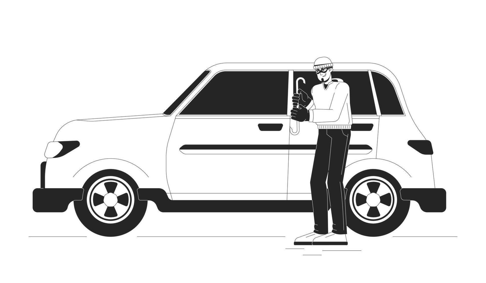 ladrao quebra para dentro carro Preto e branco desenho animado plano ilustração. caucasiano Criminoso roubando auto 2d lineart personagem isolado. ilegal ações com veículo monocromático cena esboço imagem vetor