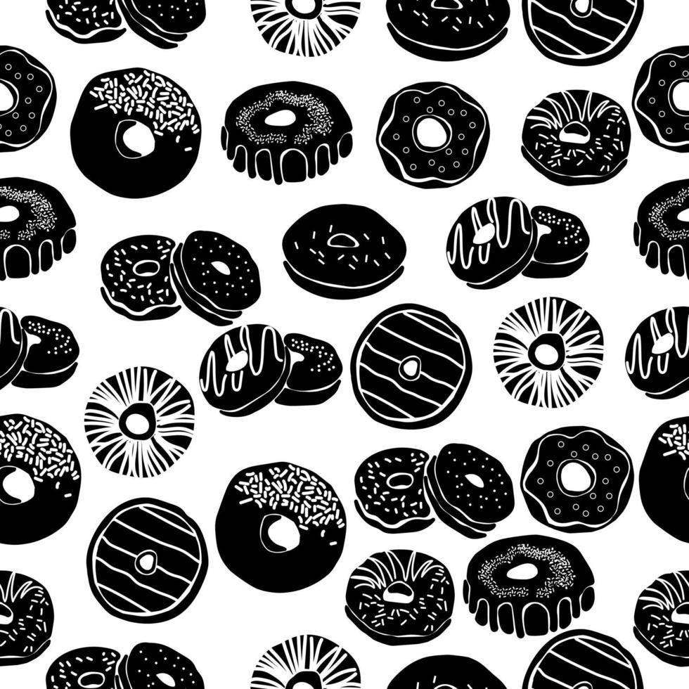 padrão sem emenda de silhuetas de donuts glaceados com várias decorações em um fundo branco, bolos doces para um lanche rápido vetor