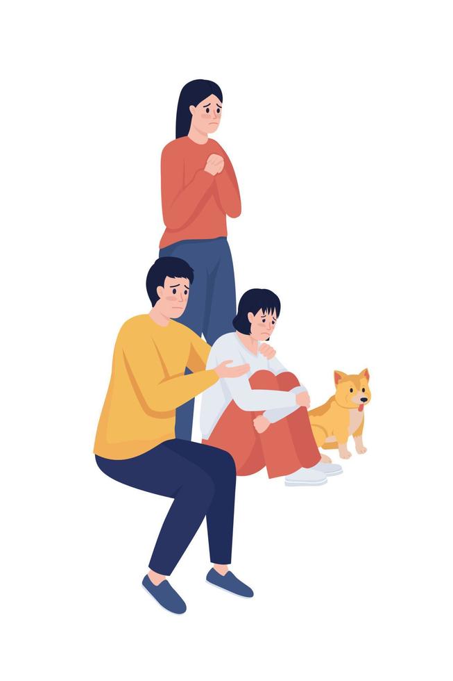 família assustada com personagens de vetor de cor semi plana de cachorro. pessoas de corpo inteiro em branco. estar em situação estressante isolada ilustração do estilo dos desenhos animados modernos para design gráfico e animação