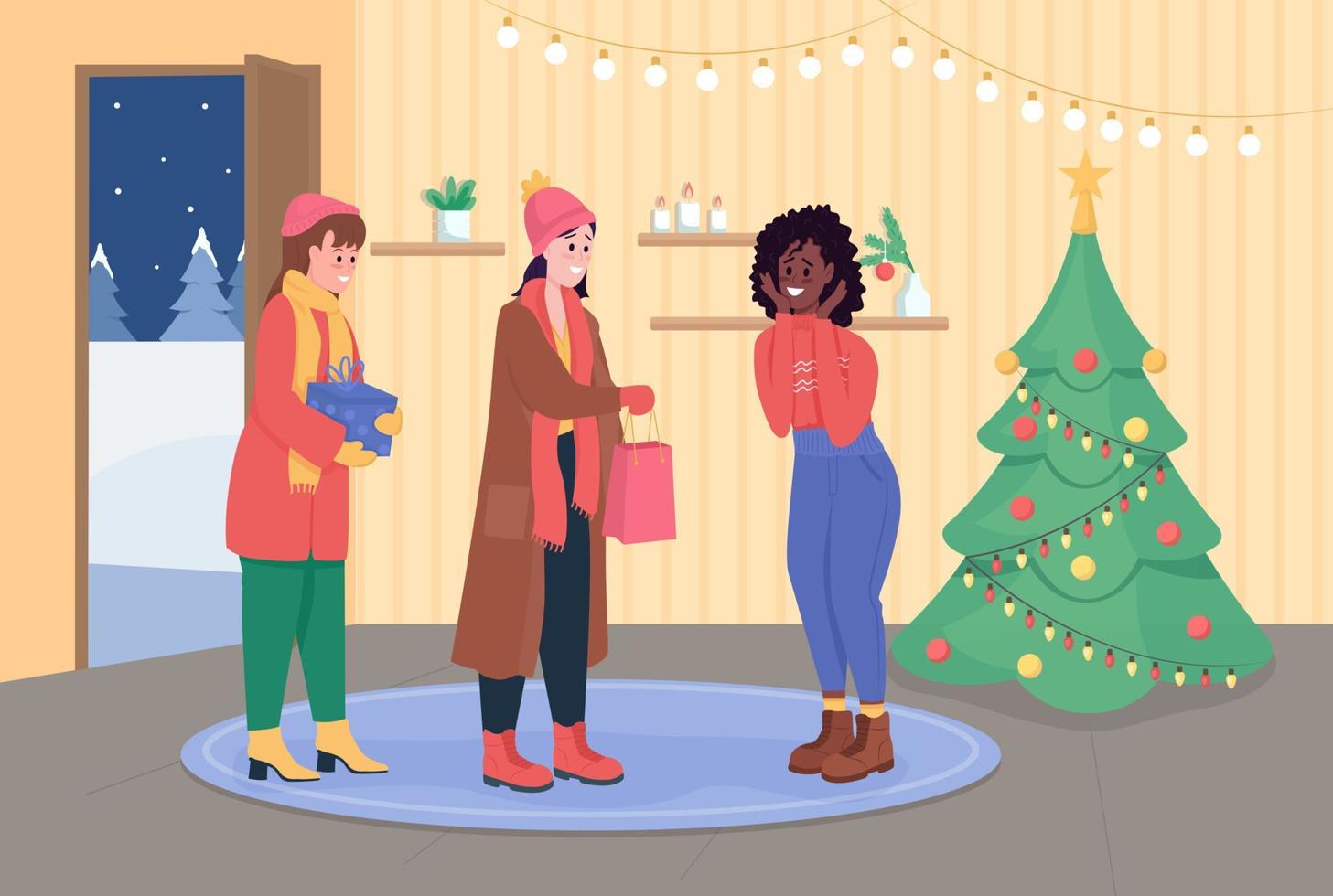 convide amigos para ilustração vetorial de cor lisa de Natal. as meninas vêm para comemorar as férias de inverno. mulheres sorridentes com pacotes de presentes personagens de desenhos animados 2D com o interior no fundo vetor