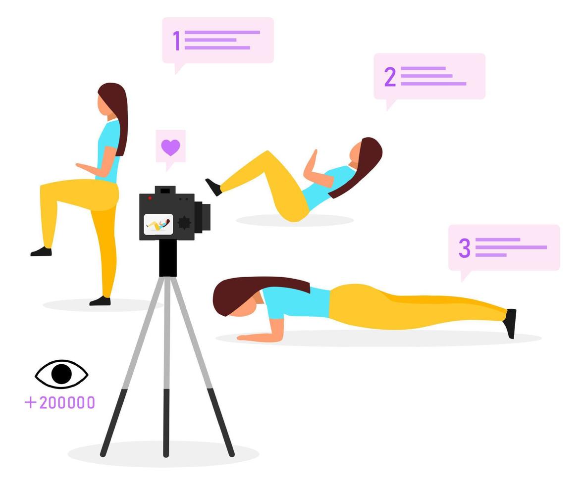 ilustração em vetor plana blogger esportes. instrutor de fitness, vídeo de streaming de vlogger. tutorial online de exercício físico. conteúdo de vlog de mídia social. personagem de desenho animado isolado em fundo branco