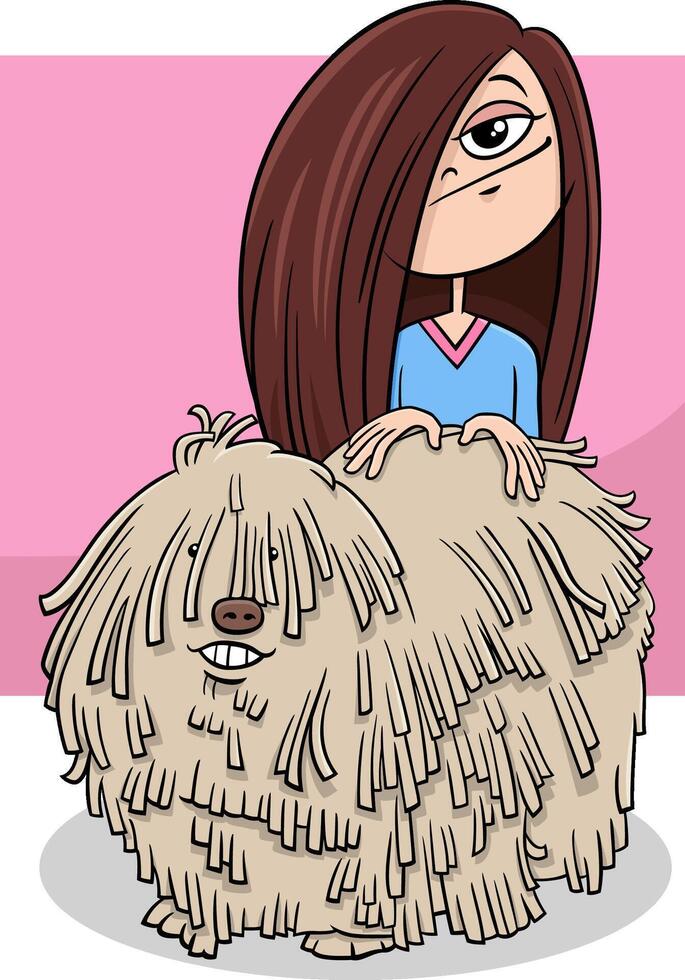 feliz desenho animado adolescente menina com engraçado desgrenhado cachorro personagem vetor