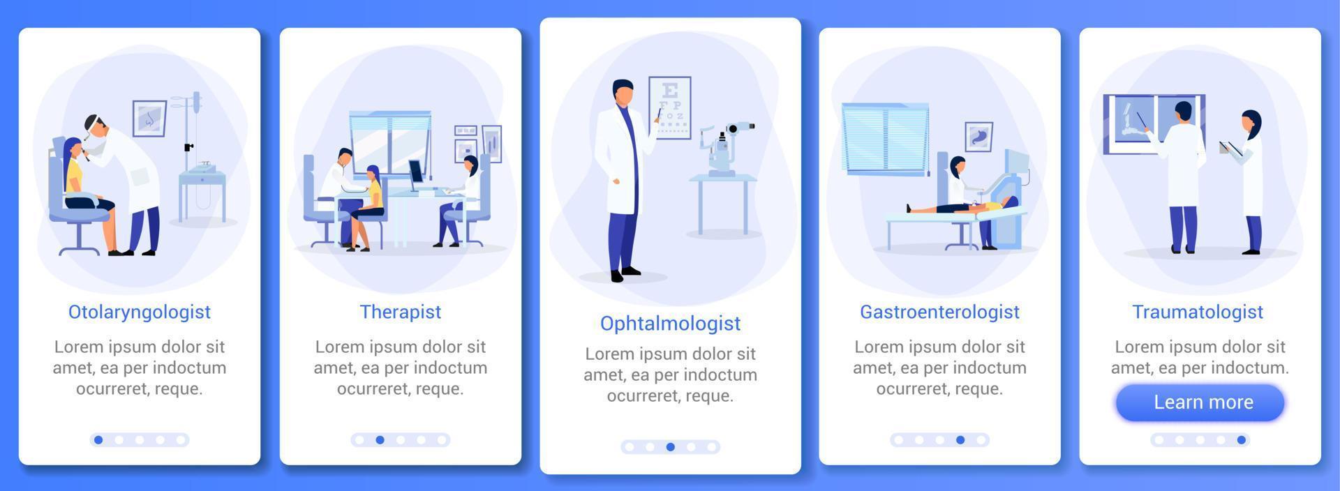 médicos com pacientes que integram o modelo de vetor de tela de aplicativo móvel. terapeuta, otorrinolaringologista, traumatologista. passo a passo do site com caracteres planos. interface de desenho animado de smartphone ux, ui, gui