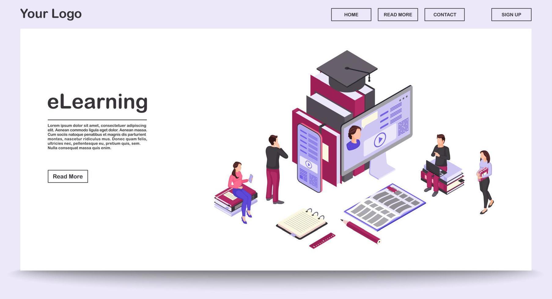 e modelo de vetor de página da Web de aprendizagem com ilustração isométrica. webinars, tutoriais em vídeo. treinamento de negócios online. estudo a distância, educação a distância. layout da interface do site. conceito 3d da página da web