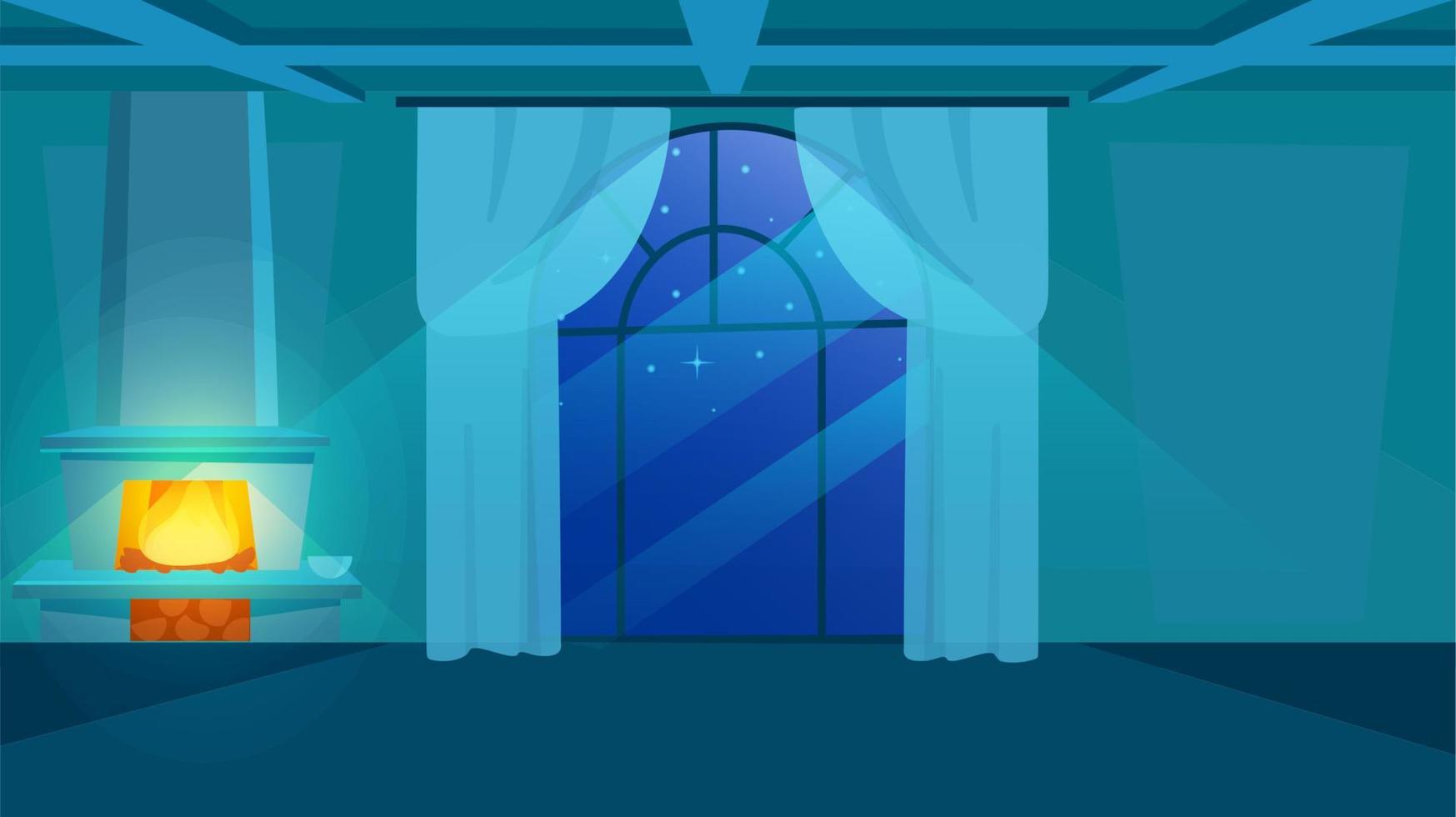 ilustração em vetor plana vista interior à noite. sala vazia com vidraça de estilo clássico e cortinas. lenha a lenha na lareira, aquecimento apartamento. elegante design de casa sob os raios do luar