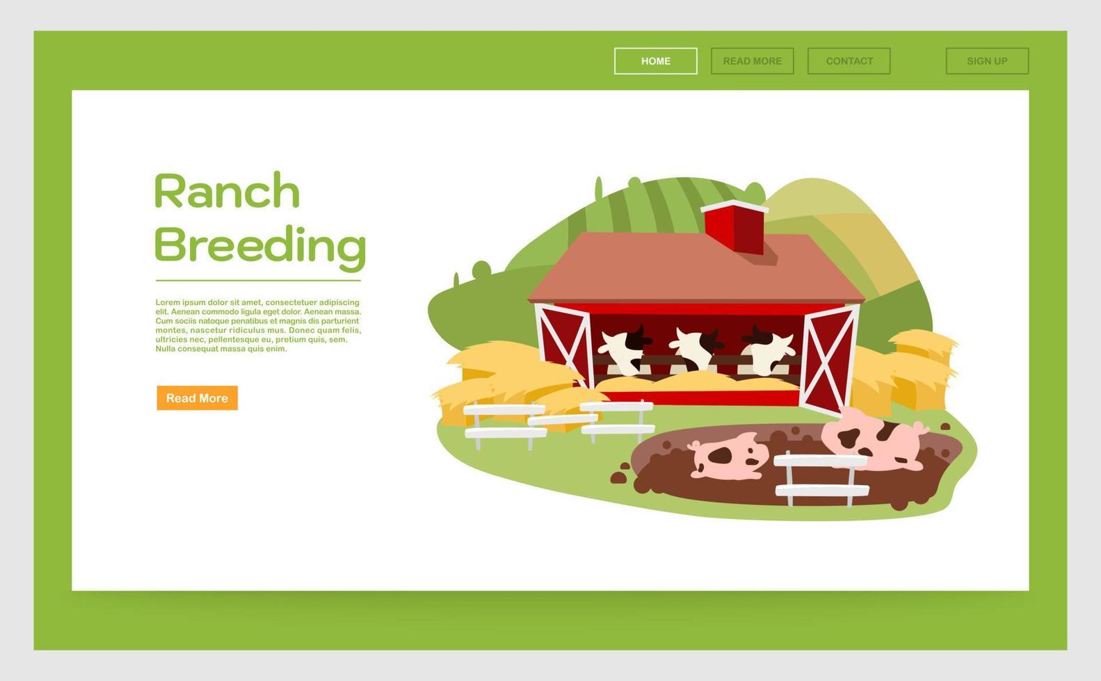 modelo de vetor de página de destino de criação de rancho. Ideia de interface de site de pecuária e pecuária com ilustrações planas. fazenda de gado leiteiro, layout da página inicial de produção de carne. banner da web,