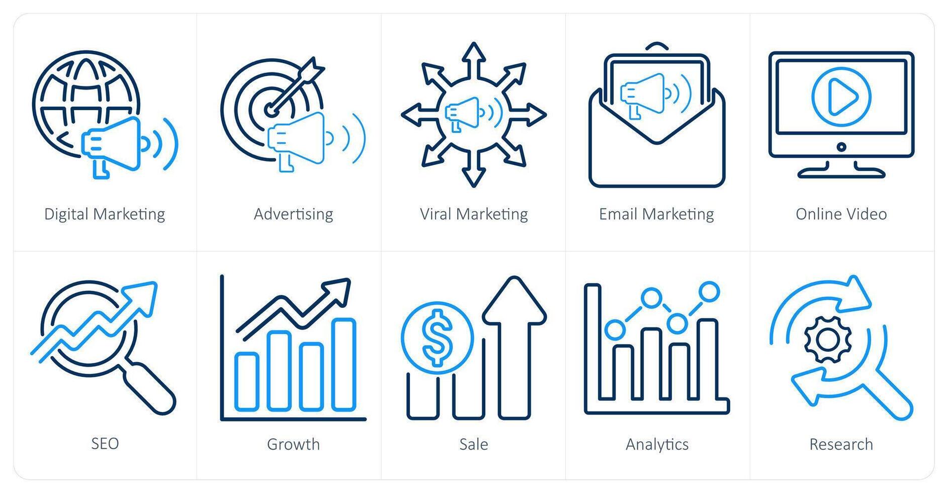 uma conjunto do 10 digital marketing ícones Como digital marketing, anúncio, viral marketing vetor