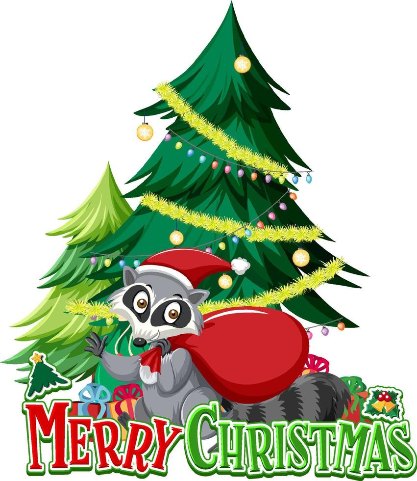 logotipo de texto de feliz natal com árvore de natal e guaxinim fofo vetor