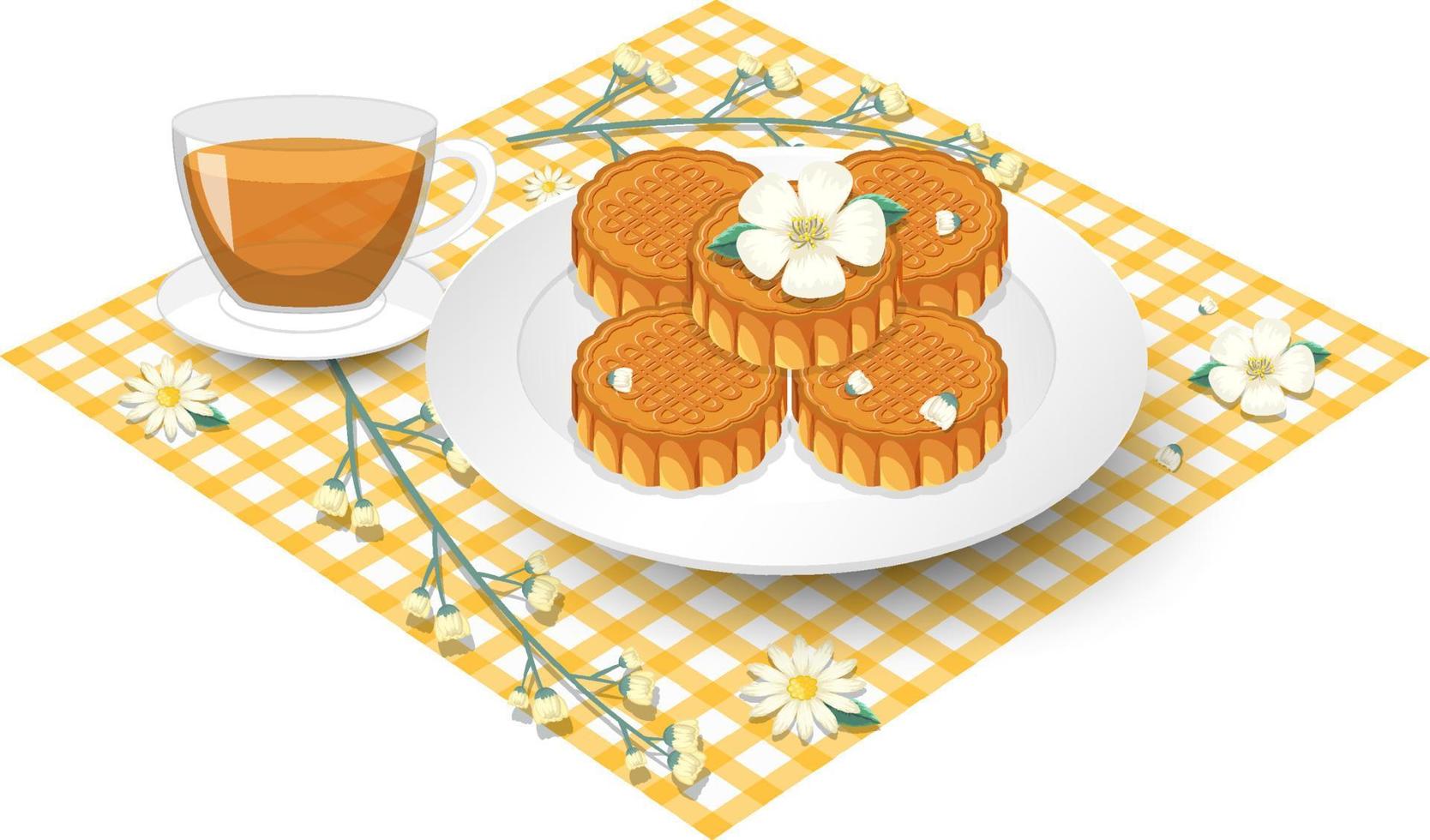 pilha de bolos lunares com xícara de chá colocada na toalha de mesa vetor