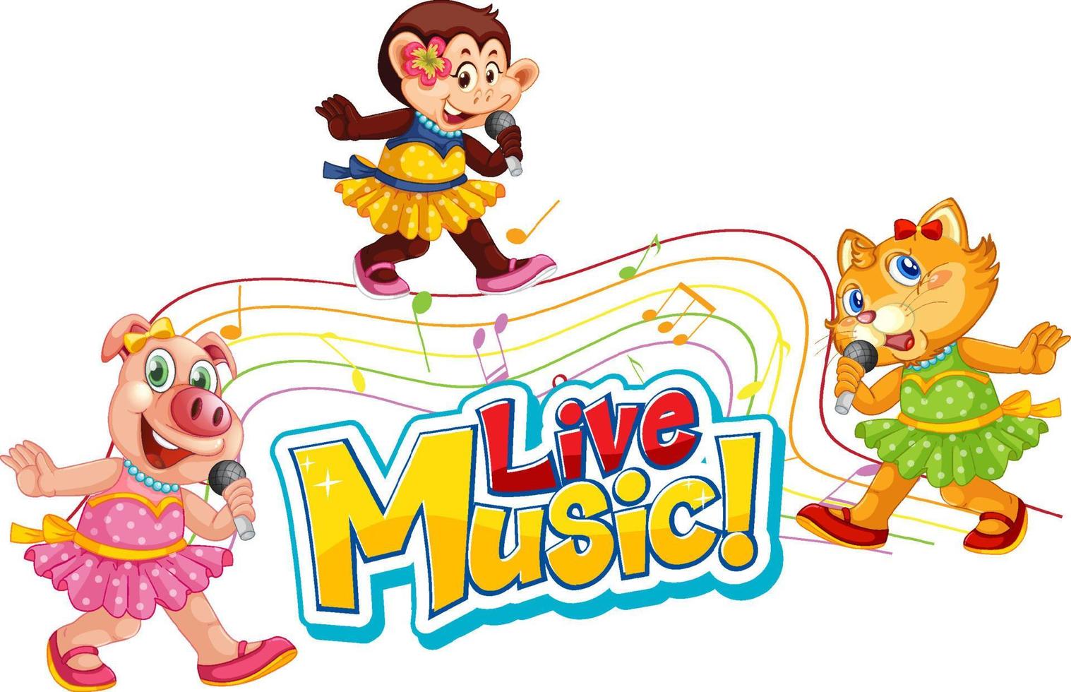 logotipo de música ao vivo com animais fofos cantando personagens de desenhos animados vetor