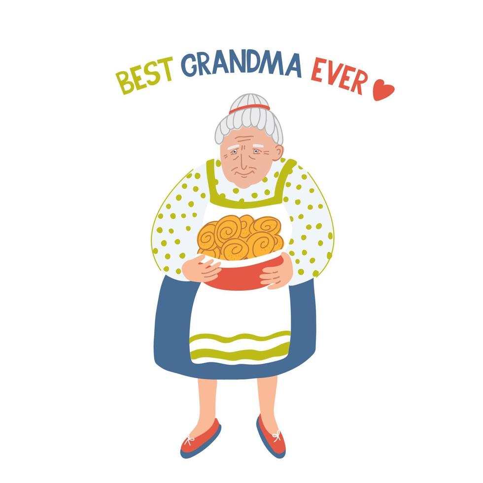 melhor avó de todos os tempos. letras e ilustração de uma mulher idosa com pães doces vetor