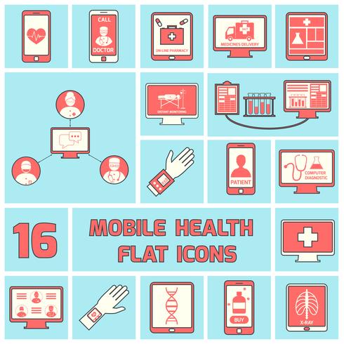 Ícones de saúde móvel definir linha plana vetor