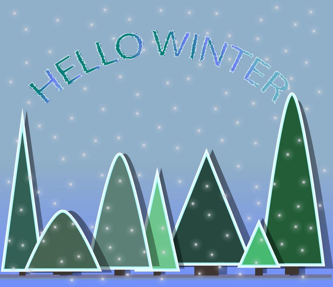 Olá letras de inverno, árvores de natal planas verdes pintadas de diferentes formas, cores e tamanhos e flocos de neve brancos caindo sobre um fundo cinza vetor