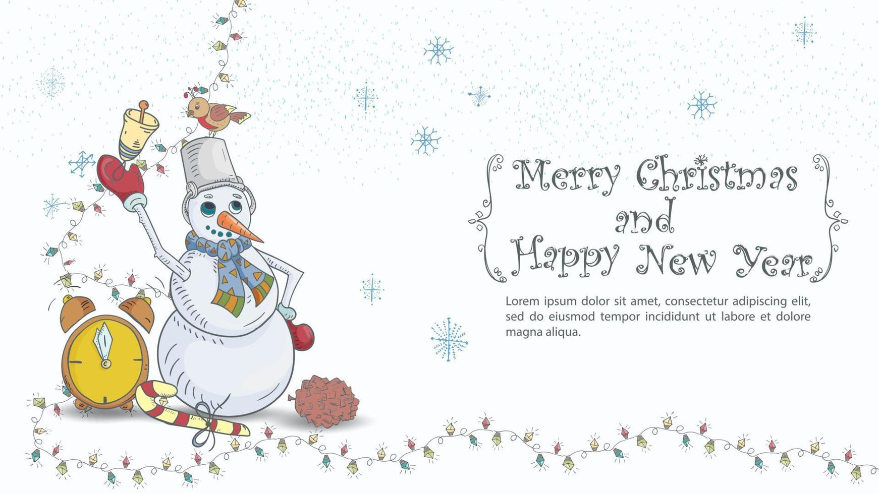 ilustração de natal e ano novo para o desenho inscrição parabéns em uma moldura um boneco de neve com um balde na cabeça toca um sino que está ao lado do despertador vetor