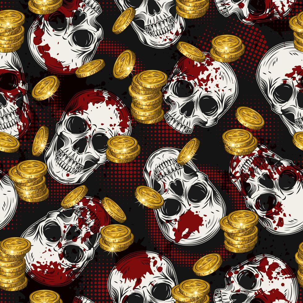 grunge padronizar com humano crânios, dourado moedas, vermelho pintura Espirrar, meio-tom formas. gótico estilo. conceito do dinheiro. para vestuário, tecido, têxtil, superfície decoração. vetor