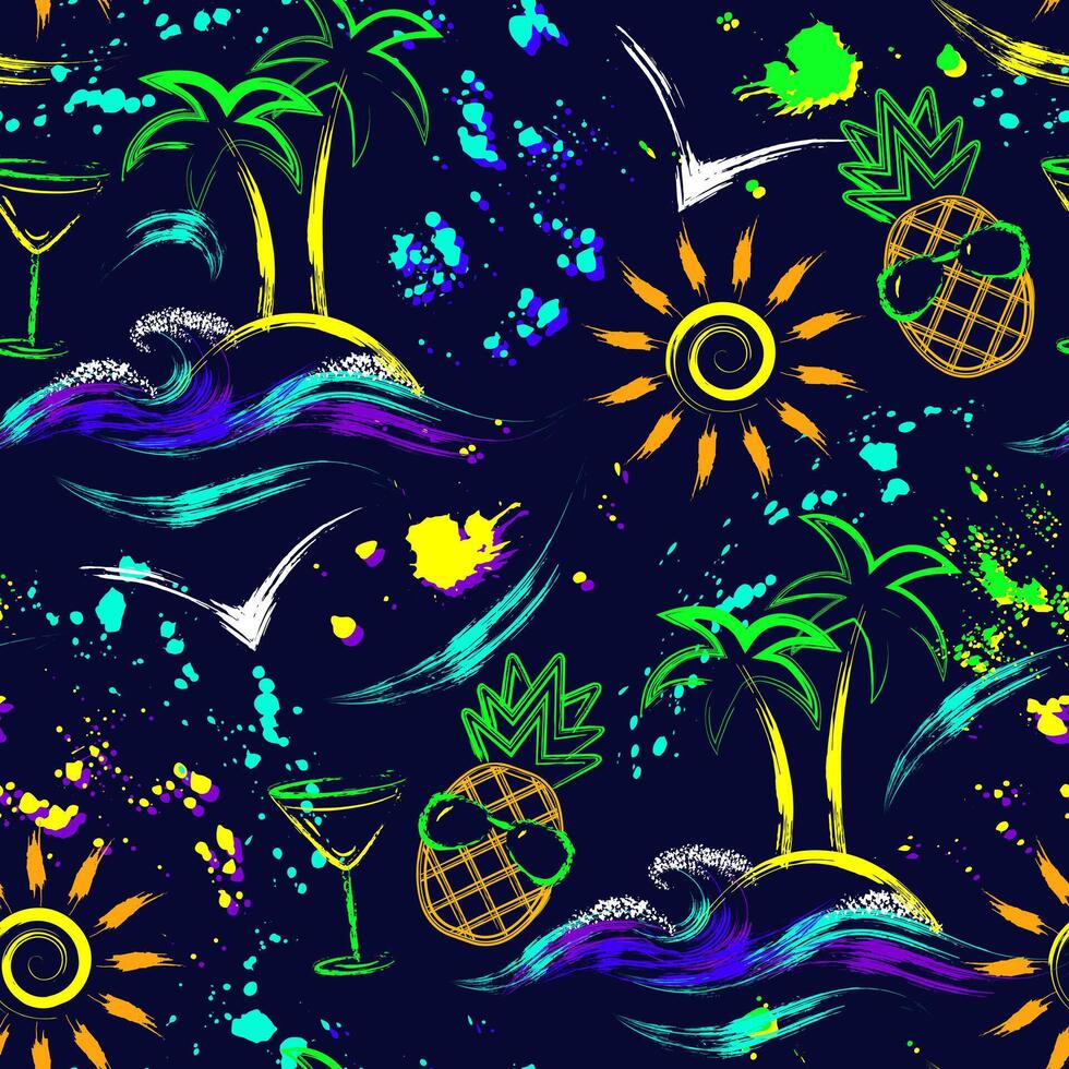 verão feriado desatado padronizar com abacaxi, tropical ilha, Sol ícone, oceano ondas. pintura escova golpes, esparramado pintar. brilhante brilhando néon cores. contorno, contorno ilustrações vetor