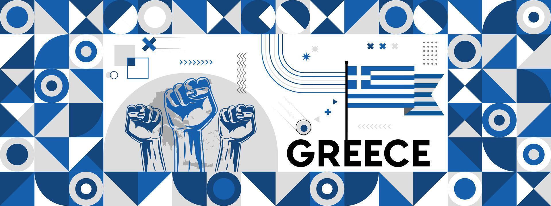 bandeira e mapa do Grécia com elevado punhos. nacional dia ou independência dia Projeto para país celebração. moderno retro Projeto com abstrato ícones. vetor