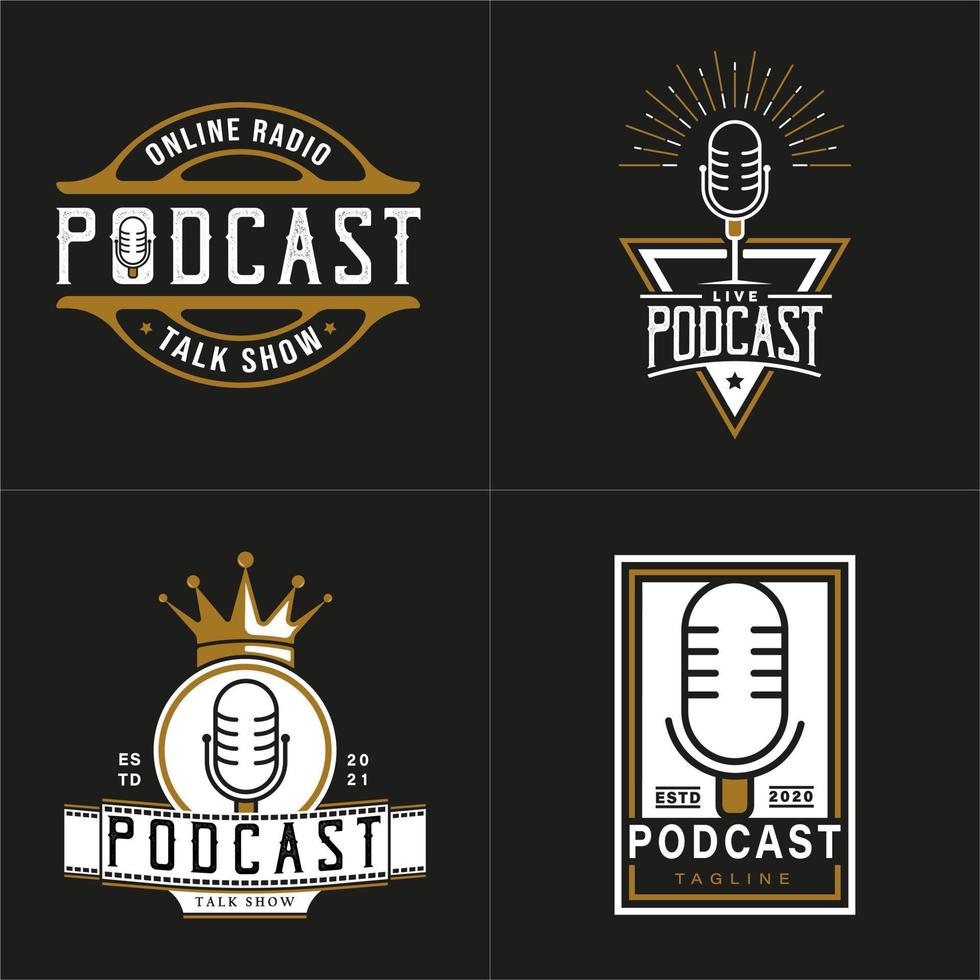 conjunto de estilo de logotipo retro vintage para logotipo de podcast. com microfone dourado, preto e branco. logotipo premium e luxo vetor