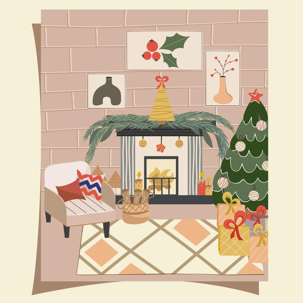 aconchegante sala de estar de natal com árvore de natal, lareira e poltrona em estilo escandinavo em um cartão postal ou pôster. decorações, guirlandas, meias e presentes de ano novo. Ilustração em vetor em estilo simples