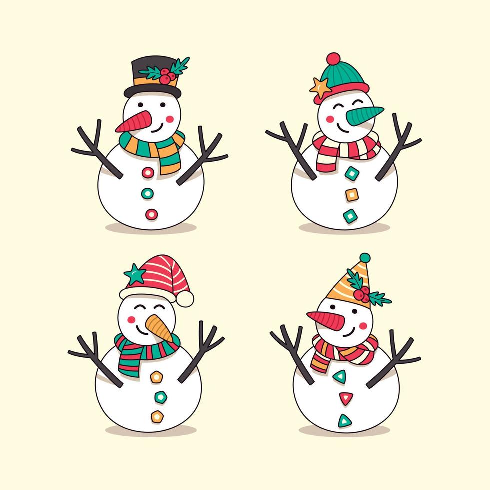 conjunto de bonecos de neve desenhados à mão para a decoração de Natal. vetor