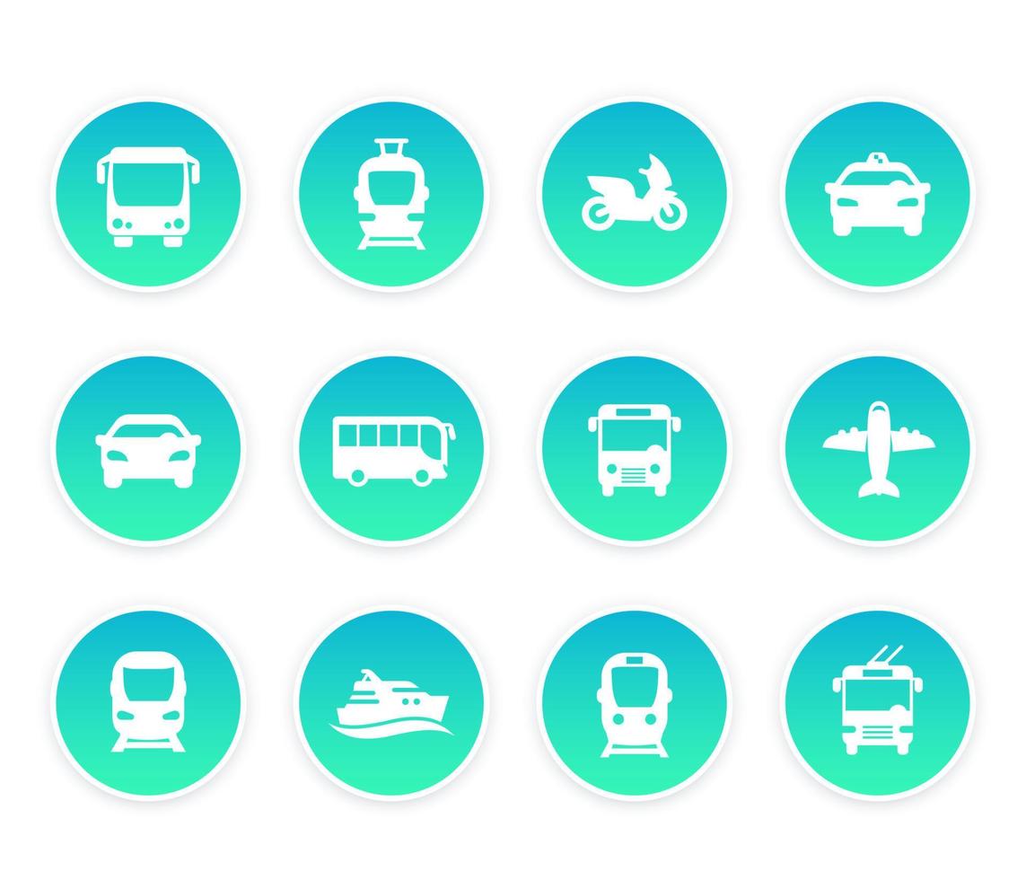 ícones de transporte de passageiros, ônibus, metrô, trem, táxi, carro, avião e navio vetor