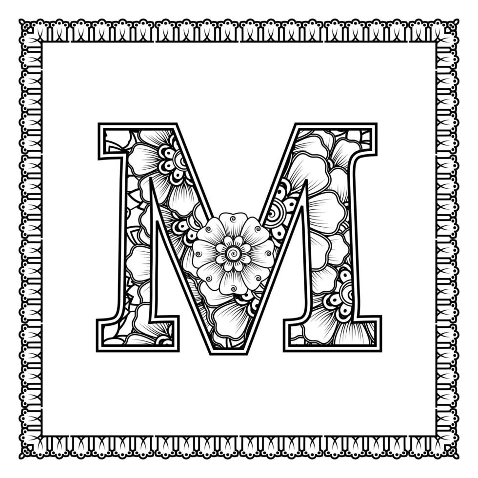 letra m feita de flores no estilo mehndi. página do livro para colorir. delinear ilustração vetorial de desenho à mão. vetor