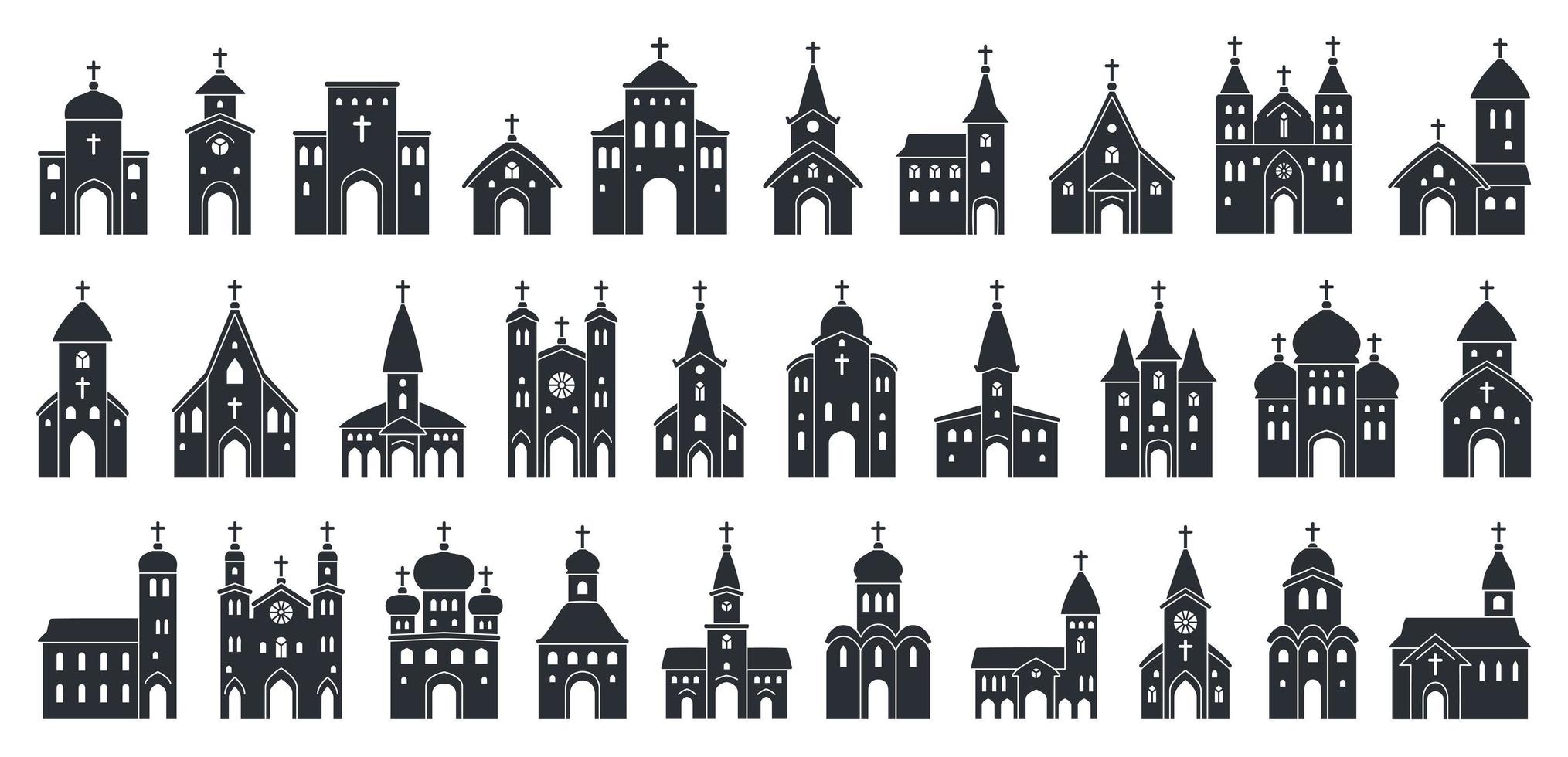 grande conjunto de ícone preto da igreja. ilustração vetorial silhueta de construção de religião vetor