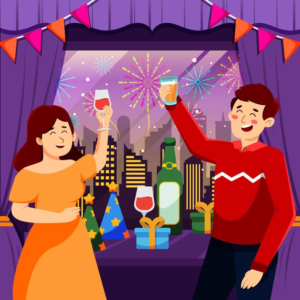 casal comemorando festa de ano novo em casa vetor