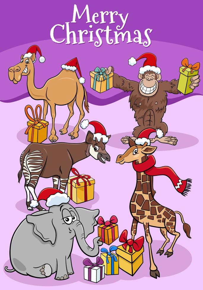 ilustração de cartão comemorativo com animais de desenho animado e presentes de natal vetor