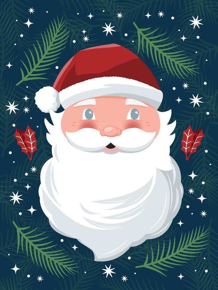 mão desenhada Papai Noel em fundo azul escuro com estrelas, neve e decoração. ilustração em vetor feriado festivo colorido.