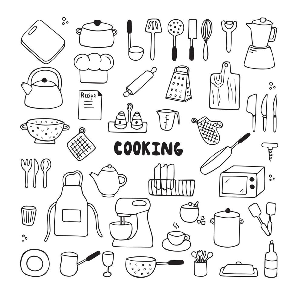 conjunto de rabiscos de ferramentas de cozinha. mão desenhada equipamentos de cozinha. ilustração vetorial no fundo branco. ilustração vetorial para menu do restaurante, livro de receitas e papel de parede. vetor