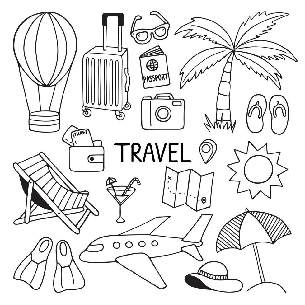 conjunto de viagem doodle. ícones de aventura de turismo e verão. bolsa, bilhete, transporte, câmera, mapa no estilo de desenho. mão desenhada ilustração vetorial, isolada no fundo branco. vetor