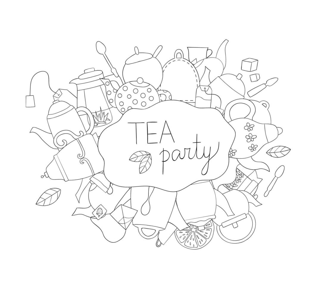 de fundo preto e branco do vetor dos elementos do chá. convite da festa do chá ou banner. Página para colorir de bules. desenho estilo doodle