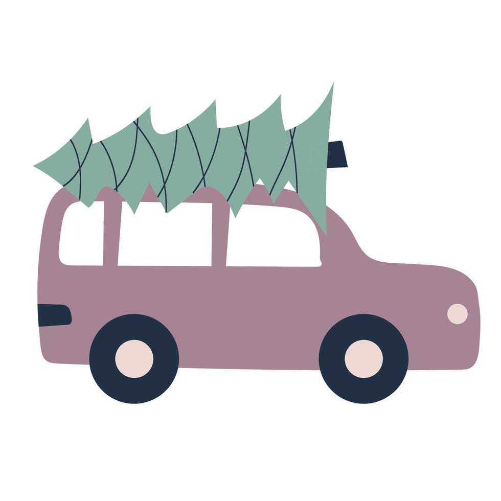 carro de desenho animado simples com uma árvore de natal no telhado vetor