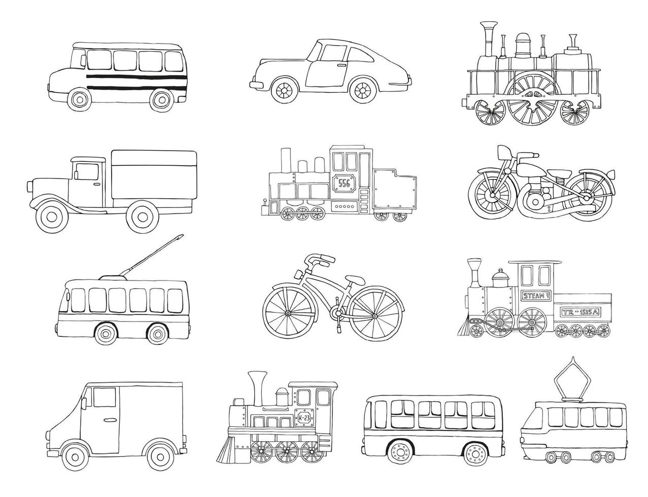 vetor preto e branco conjunto de motores retrô e transporte. ilustração em vetor de trens antigos, ônibus, bonde, trólebus, carro, bicicleta, bicicleta, van, caminhão isolado no fundo branco