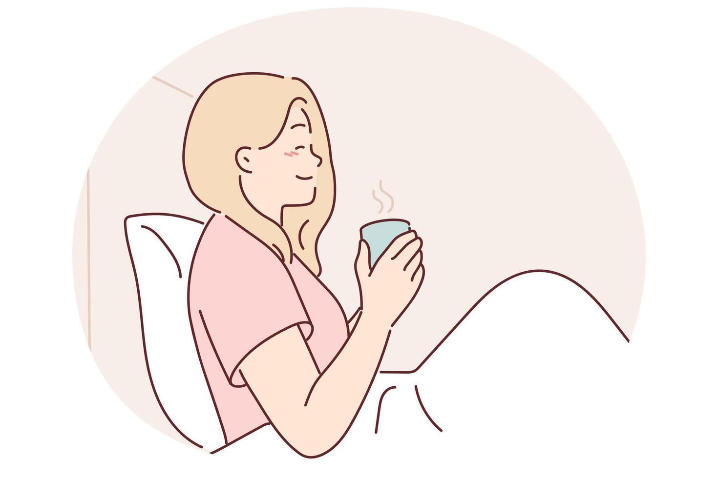mulher é bebendo café sentado dentro cama debaixo cobertor desfrutando manhã final de semana e Boa humor vetor