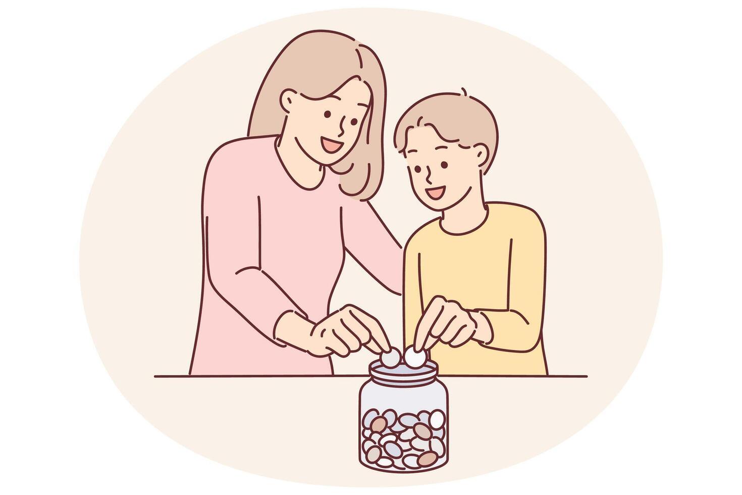 mãe e filho juntos lançar moedas para dentro caixa de dinheiro, querendo para Salve  acima dinheiro para estimado desejo vetor