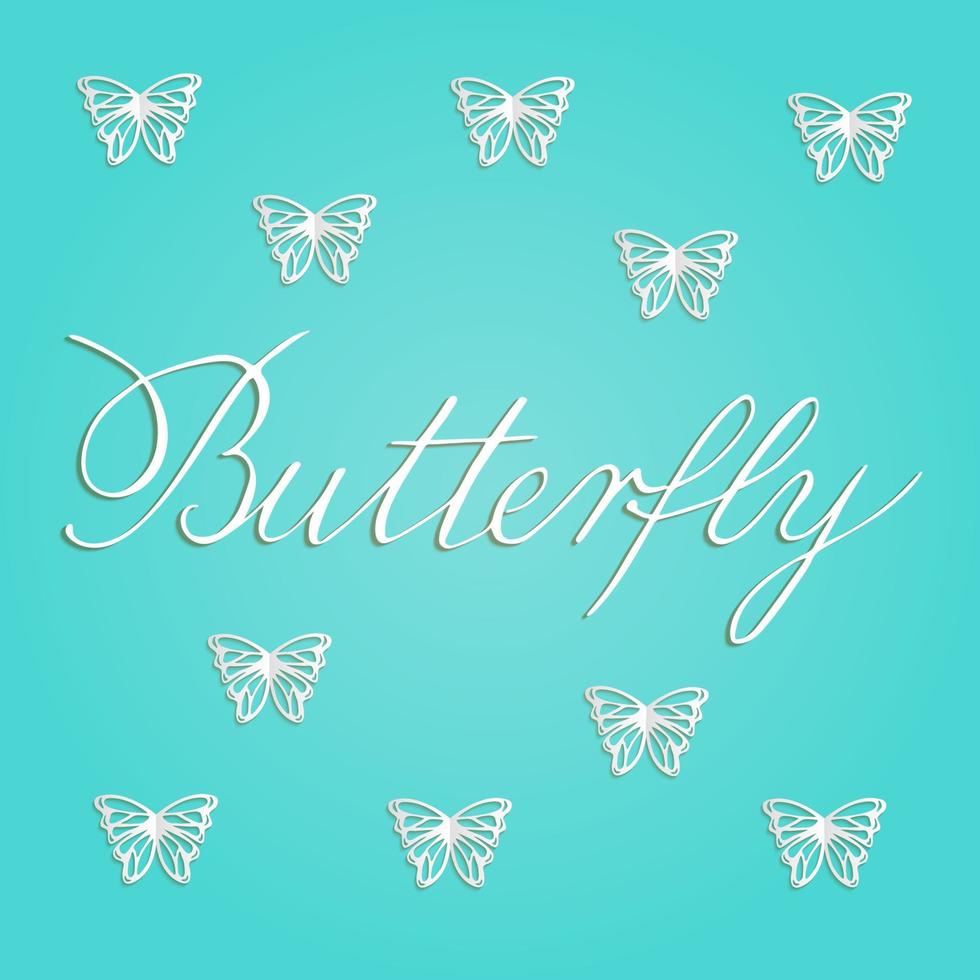 ilustração em vetor de papel cortado borboletas brancas em fundo turquesa. borboleta caligrafia em cobre. letras de mão para cartão postal, papelaria, cartaz.
