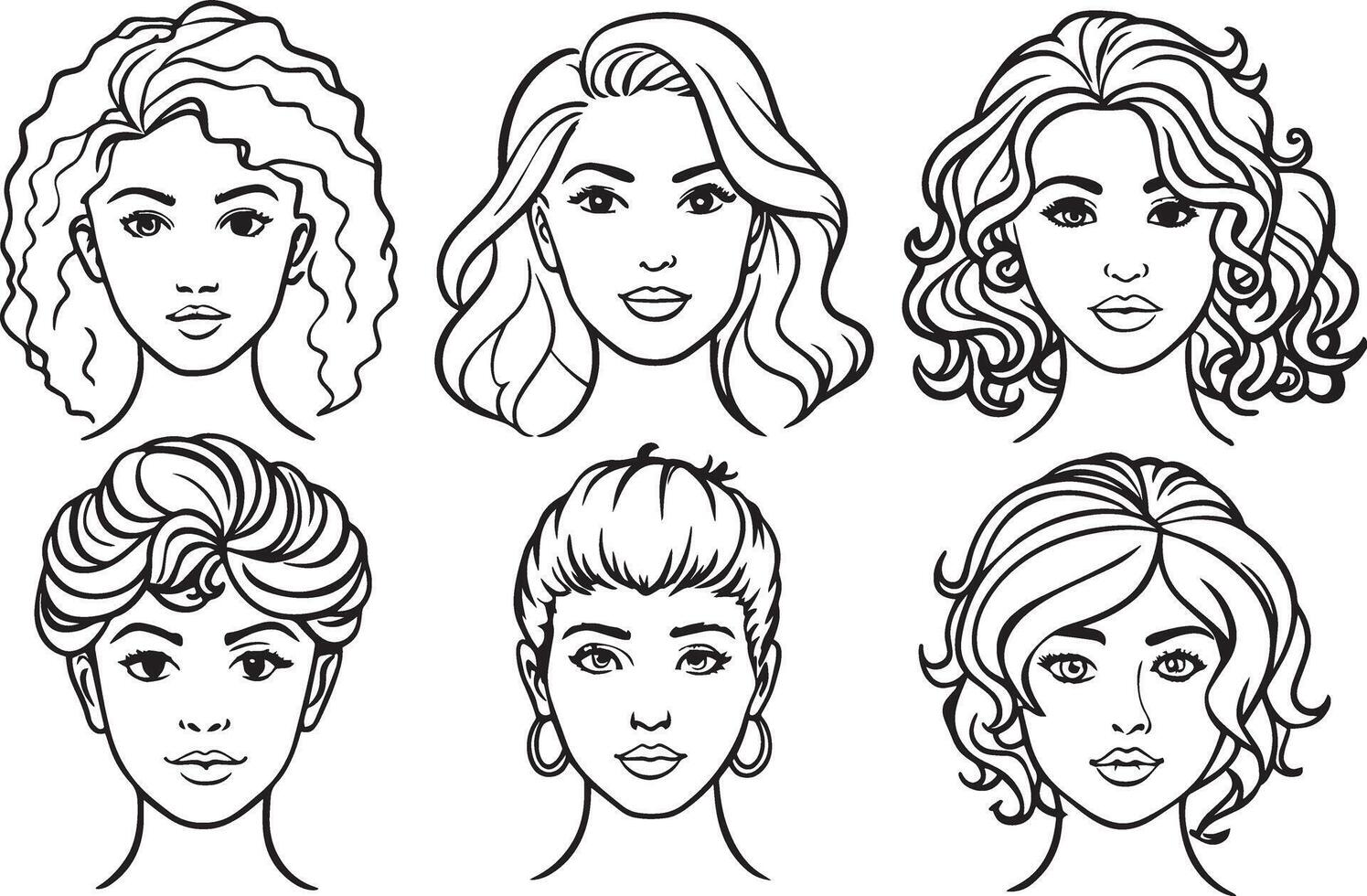 conjunto do mulheres com diferente penteados dentro Preto e branco cores vetor