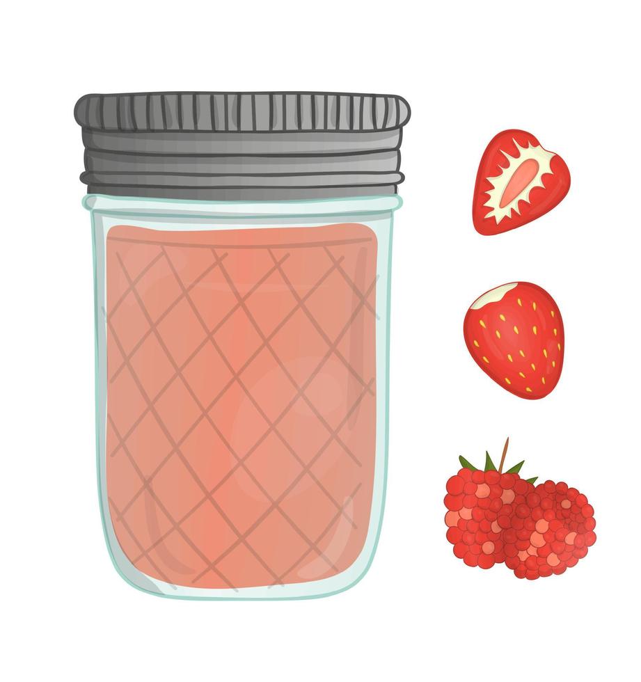 ilustração em vetor de frasco colorido com geleia de baga. framboesa, morango, cereja, pote com geléia isolada no fundo branco. efeito aquarela.