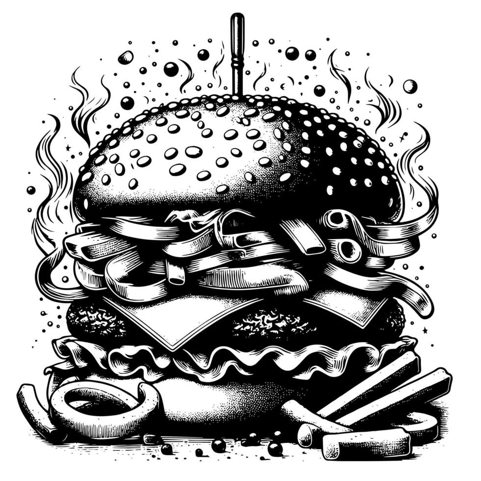 Preto e branco ilustração do uma saboroso grelhado Hamburguer de queijo vetor