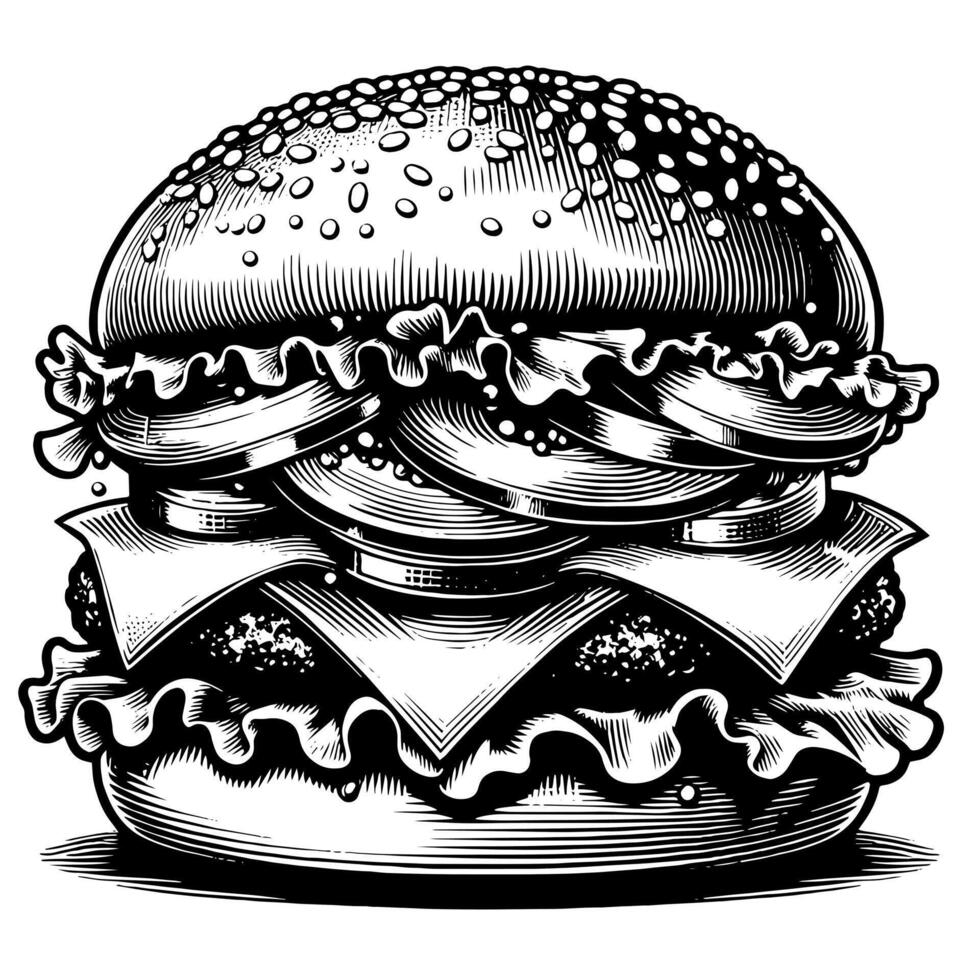 Preto e branco ilustração do uma saboroso grelhado Hamburguer de queijo vetor