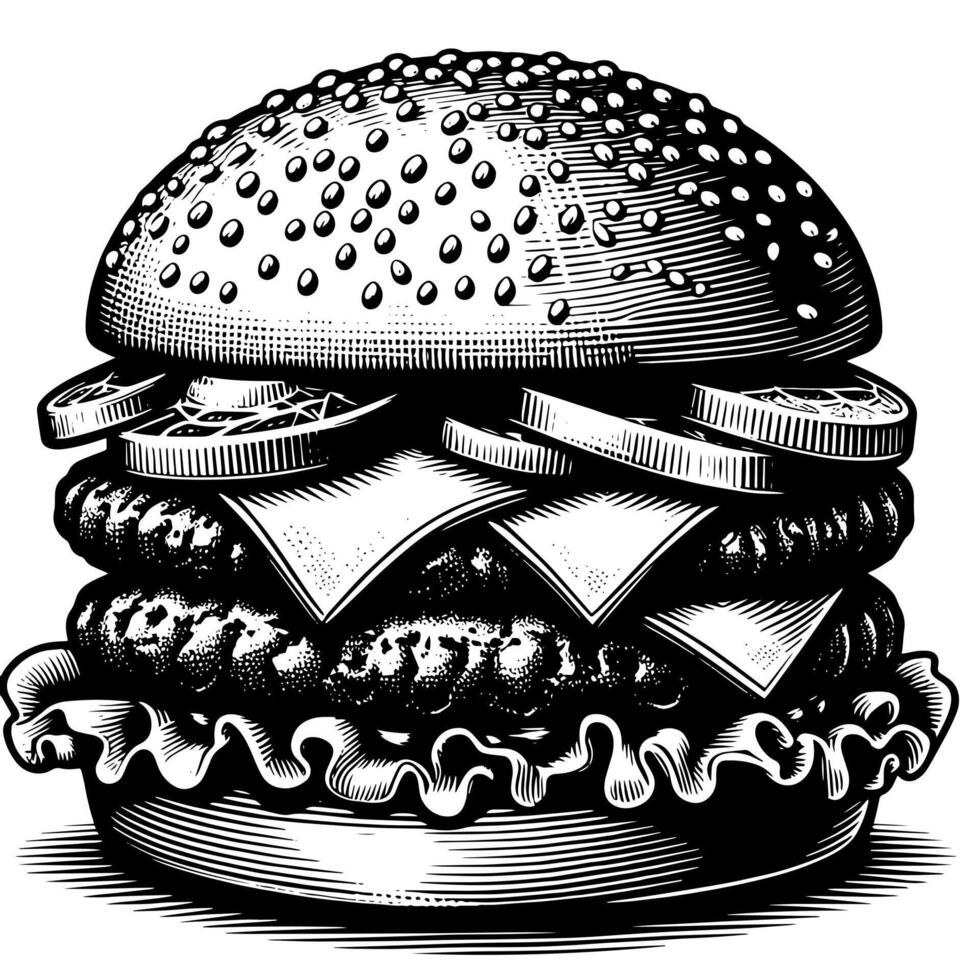 Preto e branco ilustração do uma saboroso grelhado Hamburguer de queijo vetor